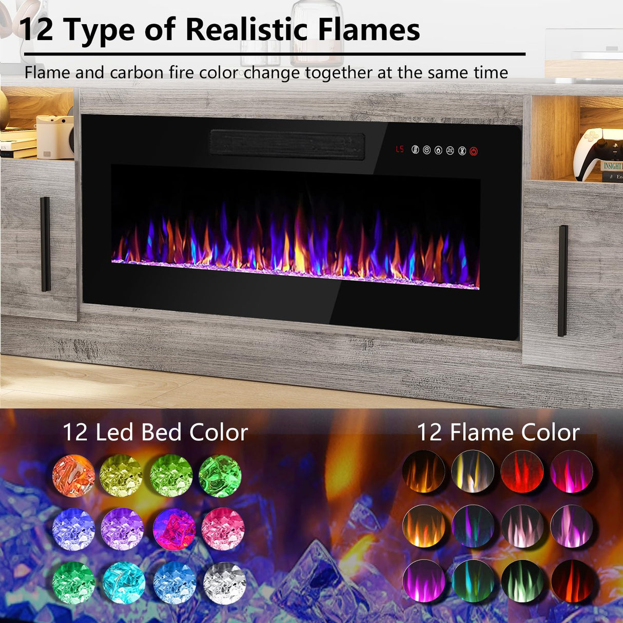 PRETZI Fireplace TV Stand with 36" Fireplace Up to 80" TVs,70" Entertainment Center with LED Lights,Remote Control,TV Media Console with Storage Cabinets for Living Room, Gray PRETZI