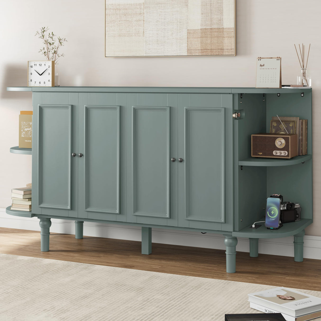 VilroCaz Farmhouse Queen Size Murphy Bed Chest Cube Cabinet Bed with Charging Station and 2 Open Shelves, Solid Wood Folding Platform Bed for Home Office Guest Room Small Room (Venus Teal, Queen) VilroCaz