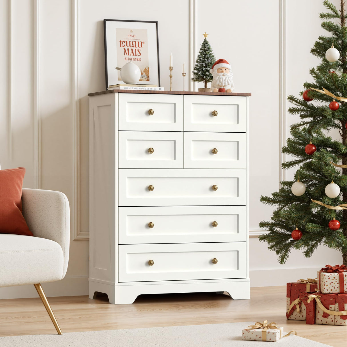 spanspace 7 Drawers Tall Dressers for Bedroom, 44" Wood Chest of Drawers with Metal Handle, Farmhouse Dresser for Living Room, Hallway spanspace