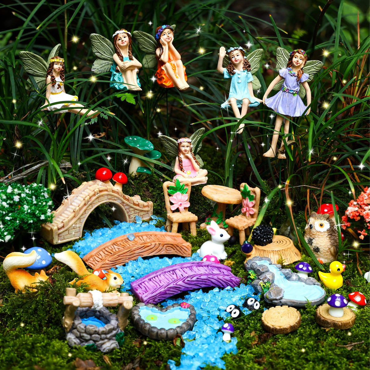 HIYZI 100 Pcs Fairy Garden Accessories Miniatures Figures Kit Micro Landscape Terrarium Ornaments Resin Mushroom Animal Fake Pond Lawn Bridge Garden Dollhouse Decoration HIYZI