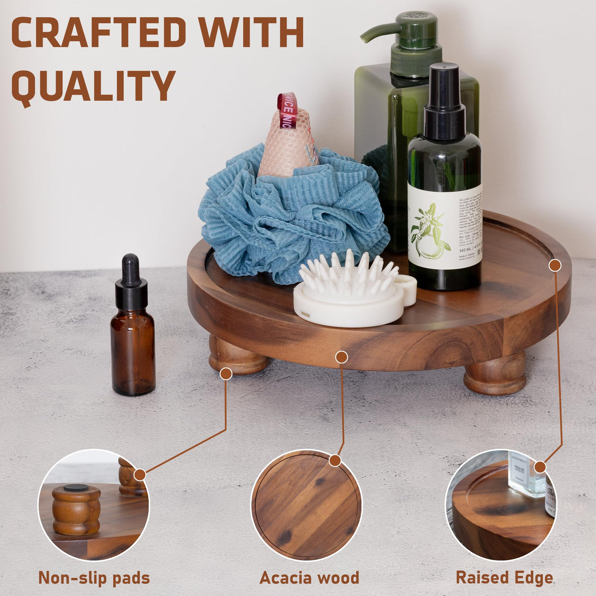 Demigo 10" Acacia Wood Round Tray - Decorative Plant Stand, Farmhouse Countertop Organizer, Multi-Purpose Display Pedestal, Riser Board for Soap, Perfume, Candles, Sponge, Bathroom, Kitchen Demigo