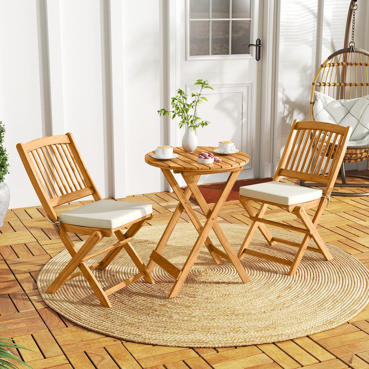 Tangkula 3 Pieces Acacia Wood Patio Folding Bistro Set, Outdoor Table and Chairs Set with Soft Cushions, Patio Furniture Set for Porch, Balcony, Garden, Deck and Backyard Tangkula