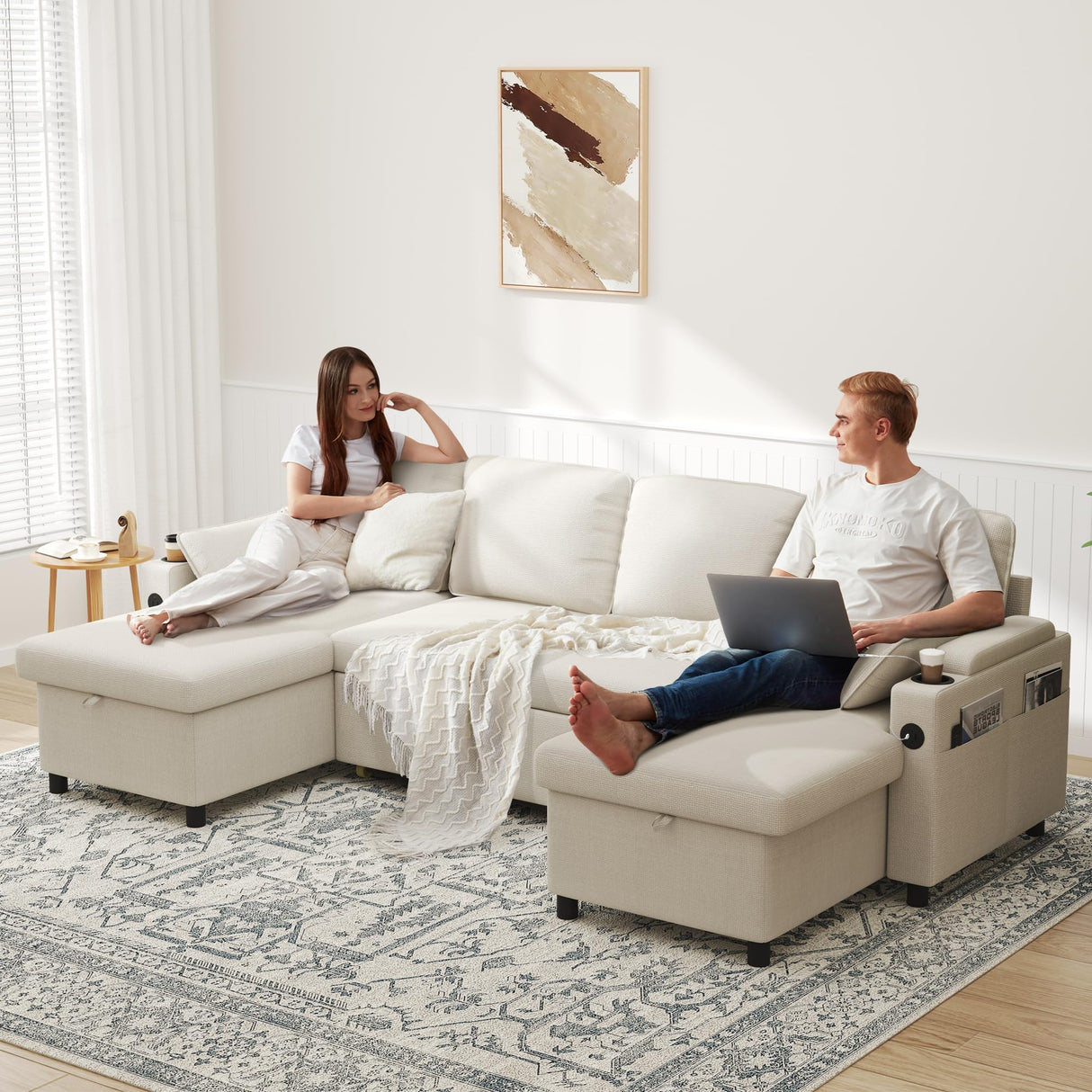 DURASPACE Sofa Bed Pull Out Couch Sleeper with Double Storage Chaise, U Shaped Convertible Sectional Sleeper Sofa for Living Room with USB Charging Ports, Cup Holder (Beige) DURASPACE