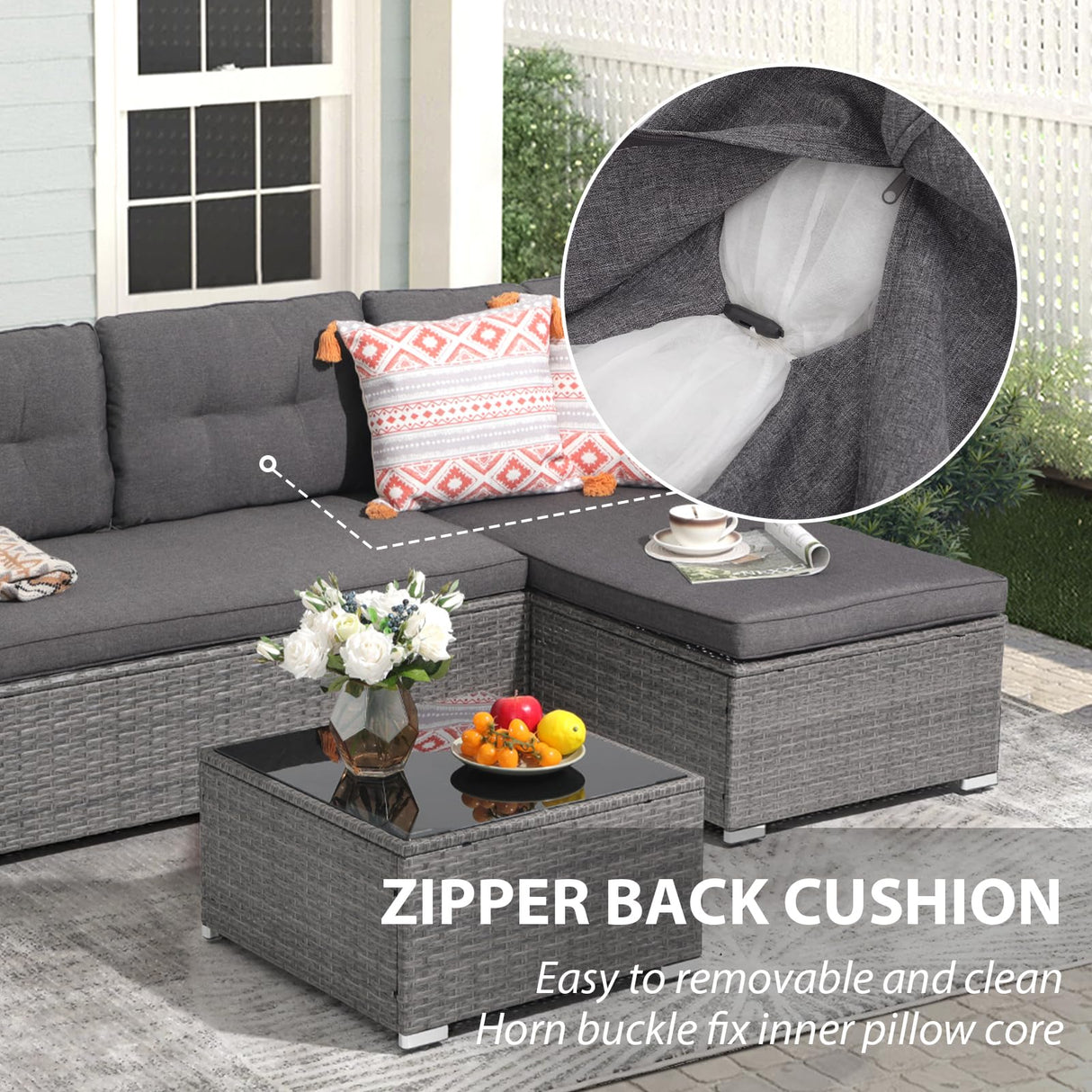 JOIVI Outdoor Patio Furniture Sets, 3-Piece All Weather Wicker Outdoor Conversation Set, Rattan Sectional Sofa Set, Patio Couch with Tempered Glass Table for Porch, Garden, Dark Gray JOIVI