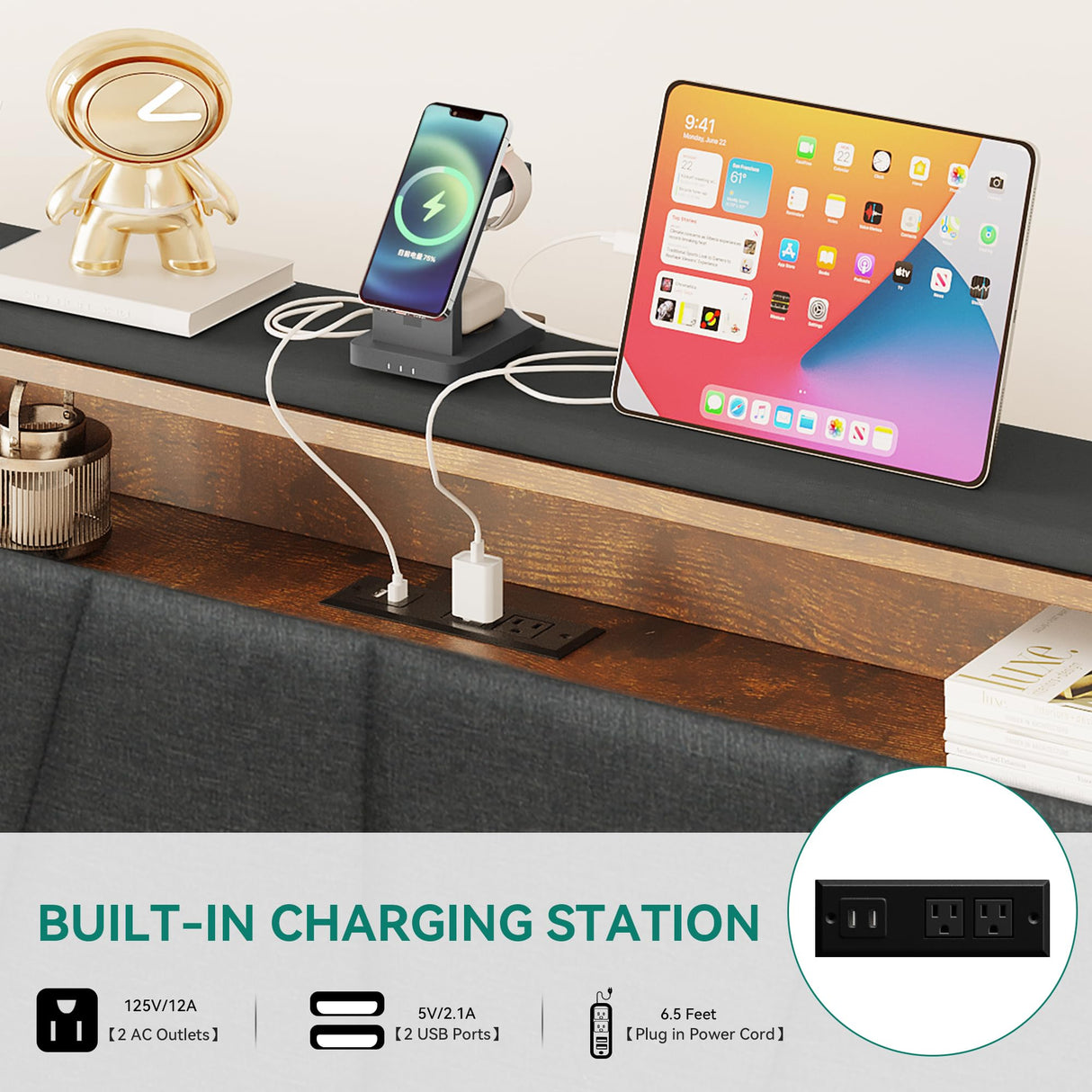 YITAHOME Grey Queen Size Bed Frame with LED Headboard Storage and Charging Station YITAHOME