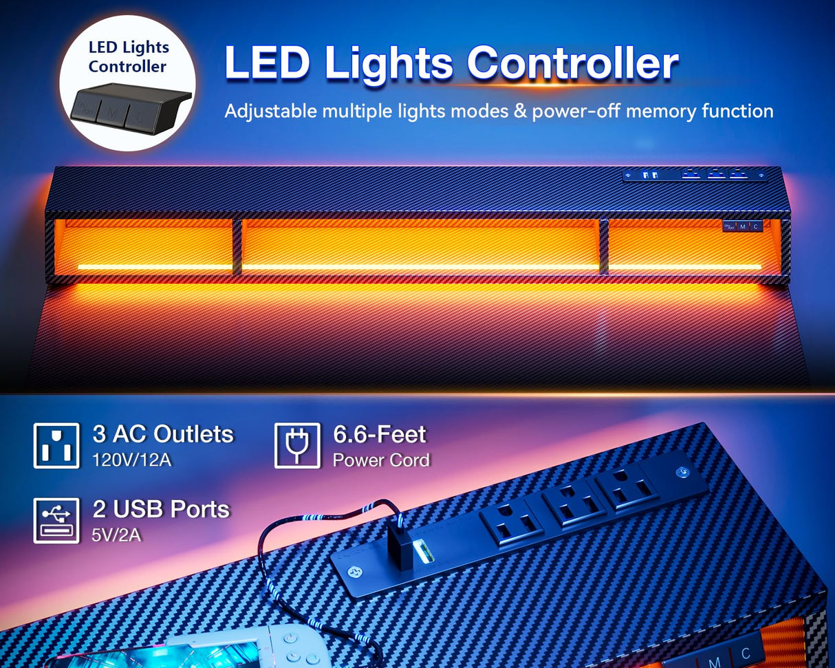 MOTPK Gaming Desk with Float Monitor Stand, Computer Desk 48inch with Shelves & Power Outlet, Gamer Desk Gaming Table with LED Lights, Kids Boys Gaming Desk, Black MOTPK