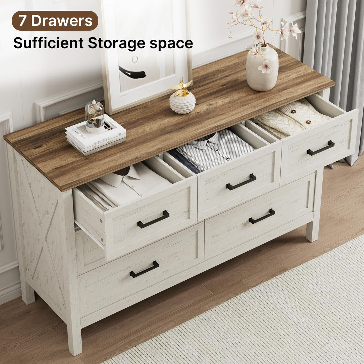 LYNSOM Farmhouse 7 Drawers Dresser for Bedroom, Wood Rustic Wide Chest of Drawers with Deep Drawers, Metal Handle, Storage Dressers Organizer for Entryway, Hallway, Antique White LYNSOM