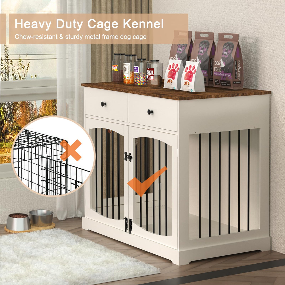 BREEZEHEAT 40 inch Dog Crate Furniture-Farmhouse Dog Kennel with Drawers-End Table Wooden Pet Crate, Double Door Design, Decorative Dog House Indoor for Small Medium Large Dog, White BREEZEHEAT