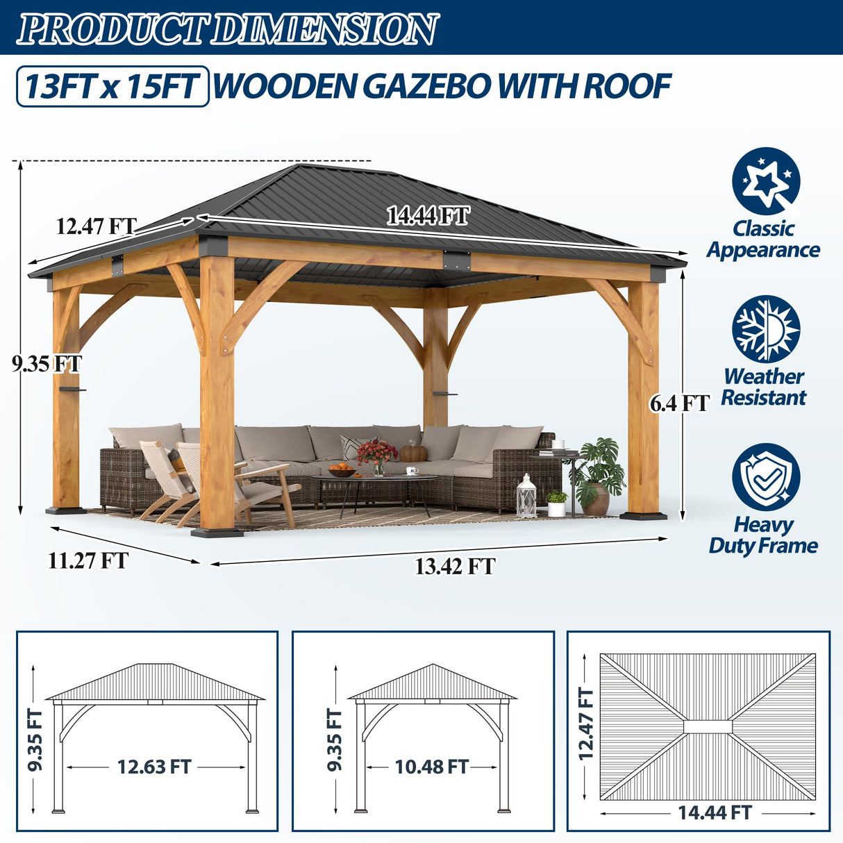 COVERONICS 13FT x 15FT Outdoor Spruce Wood Gazebo - Patio Wooden Frame Gazebo with Galvanized Steel Roof, Heavy-Duty Hardtop Gazebos for Garden, Poolside, Deck, Backyard COVERONICS