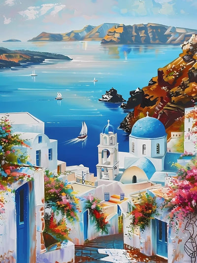 JXAVAXDE 5D Diamond Painting Kits for Adults Santorini Greece Landscape Diamond Art Kits DIY Full Round Drill Santorini with Diamonds Gem Art Help Relieve Stress 12x16 inch