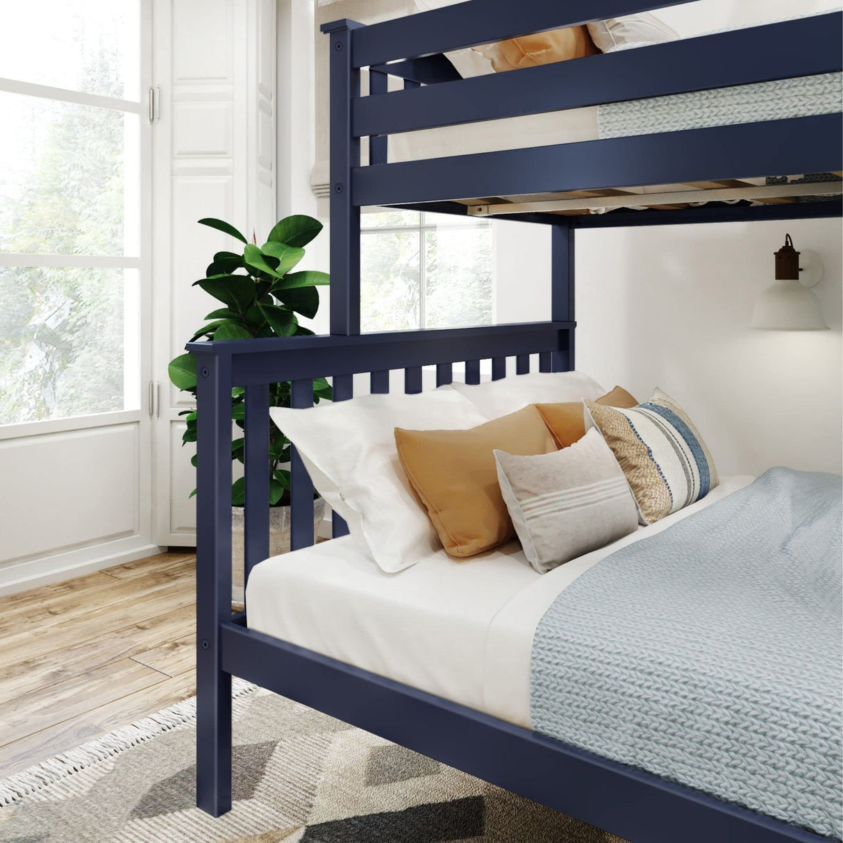 Plank+Beam Classic Wooden Bunk Bed Twin Over Full Size, Platform Bed Frame with Bunk Bed Ladder and Wood Slats for Adult, Space Saving Bed, Easy to Assemble, No Box Spring Needed, Blue Plank+Beam