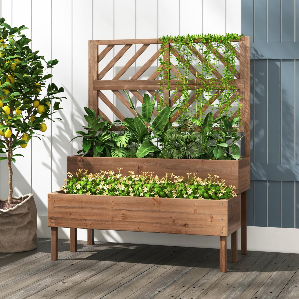 Toolsempire Raised Garden Bed with Trellis & 2 Planter Boxes, 2-Tier Outdoor Wooden Elevated Planter Box with Legs & Drainage Holes, Gardening Planter for Flowers, Herbs, Vegetables & Fruits(Brown) Toolsempire