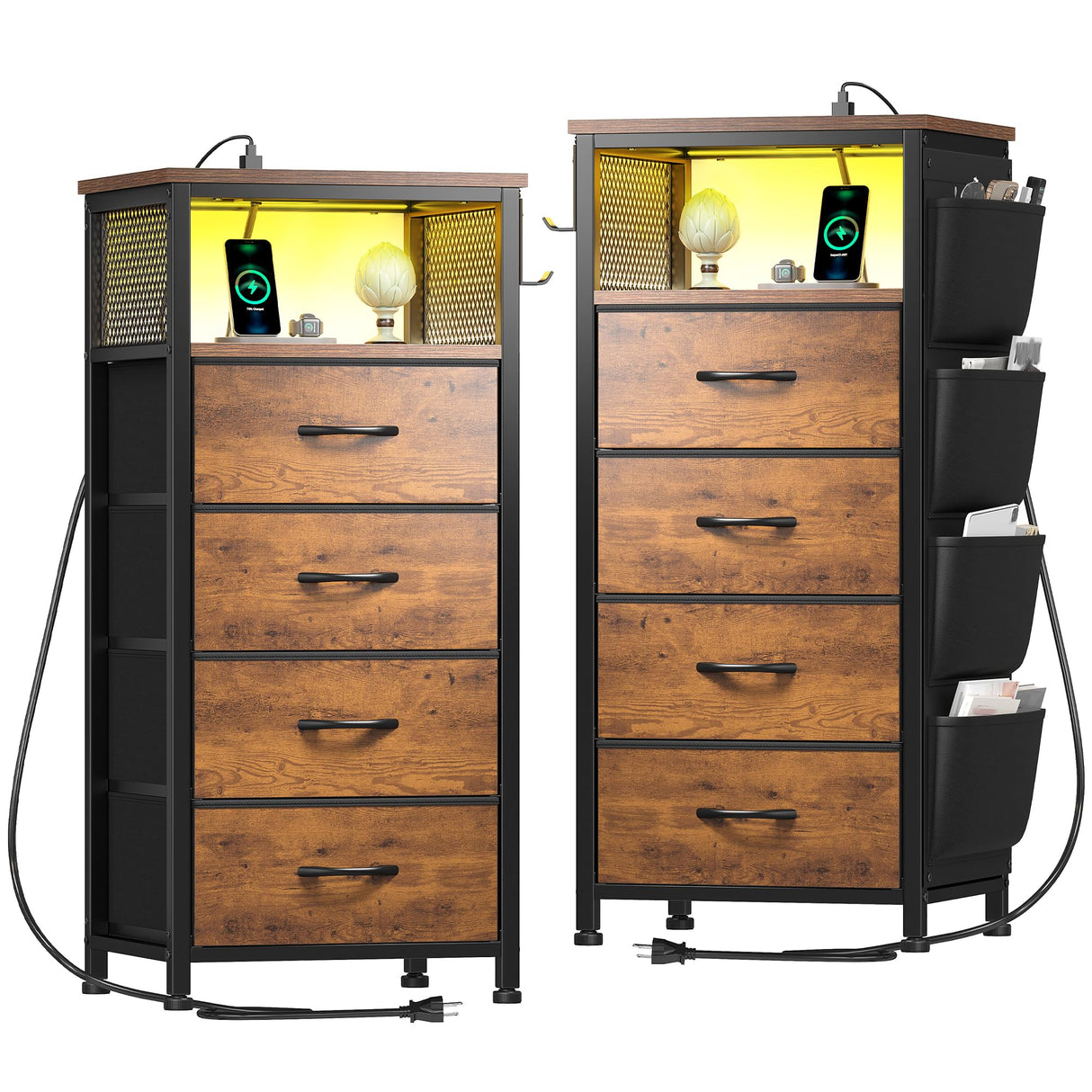 EnHomee Nightstand Set of 2, Night Stand with Charging Station & LED, Bedside Table with Fabric Drawers and Storage Shelf, Sturdy Steel Frame, Wood Top, Cloth Bags, Hooks, Brown EnHomee