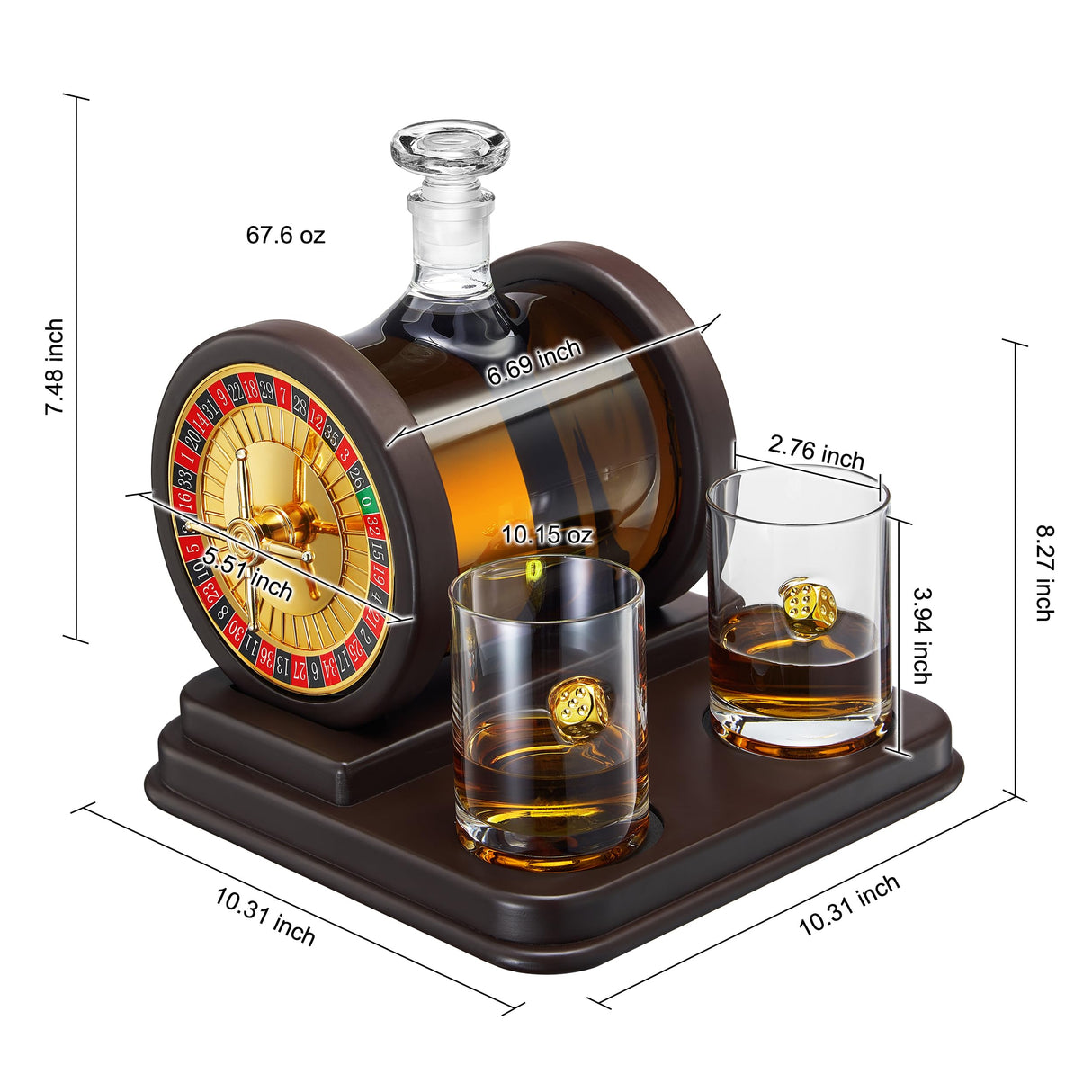 Casino Roulette Whiskey Decanter for Men, Husband, Him | 67.6 OZ Decanter With 2 x 10oz Dice Whiskey Glasses | Gold & Wood Gambling Slot Gift for Bourbon, Scotch, Liquor, Gifts For Dad, Guy, Winter The Wine Savant