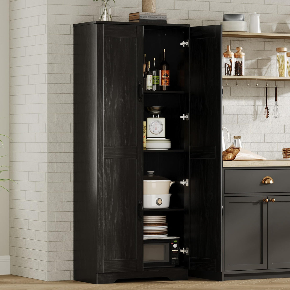 IDEALHOUSE Tall Pantry Cabinet, 60" Kitchen Pantry Storage Cabinet with 2 Doors and Adjustable Shelves, Freestanding Kitchen Cabinet, Cupboard for Dining Room, Bathroom, Living Room, Black IDEALHOUSE