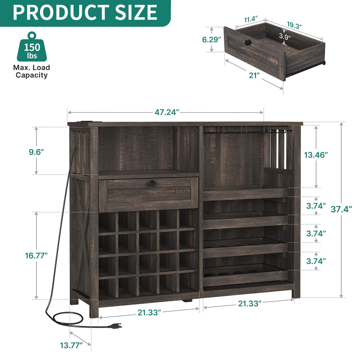 YITAHOME Wine Bar Cabinet with LED Light and Power Outlet 47" Home Coffee Bar with Wine Glass Rack Kitchen Buffet Sideboard with Storage Drawer Liquor Table for Living Dining Room Rustic Oak YITAHOME