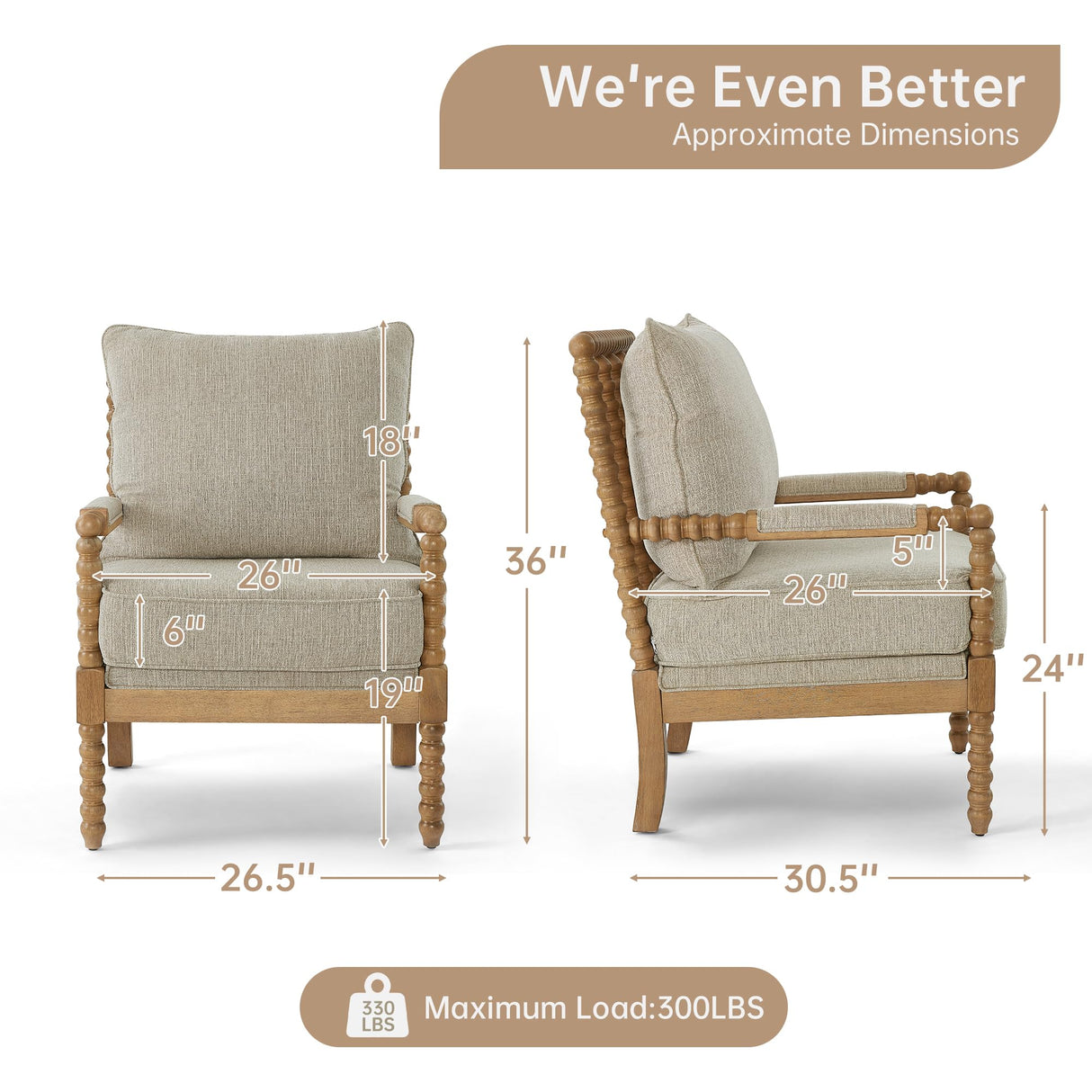 Morden Fort Linen Fabric Spindle Accent Chair with Wood Frame, French Style Accent Chairs with Padded Spring Seat and Armrest Pads, Brushed Base for Living Room Bedroom Farmhouse Office Balcony(Beige) Morden Fort