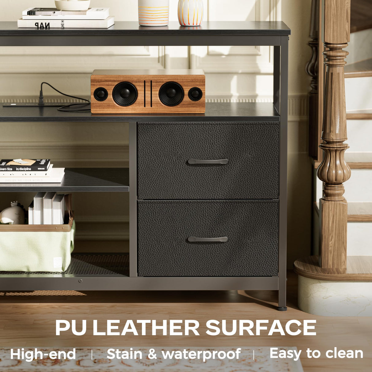 Huuger TV Stand Dresser with Power Outlets and LED Lights, 4 Drawers Entertainment Center with Shelf, 54 Inch Media Console for 55 60 Inch TV, 4 AC Outlets, 2 USBs, Dresser with PU Finish, Black Huuger