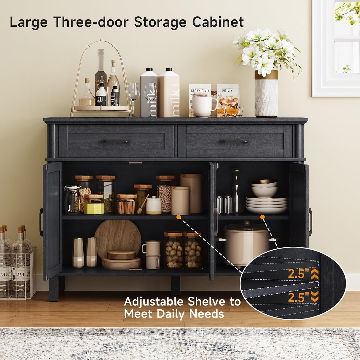 48" Buffet Cabinet with Storage, Farmhouse Sideboard Cabinet w/2 Drawers and 3 Doors, Wood Coffee Bar Cabinet with Adjustable Shelves, Storage Cabinet for Kitchen, Living Room, Entryway, Black ONBRILL