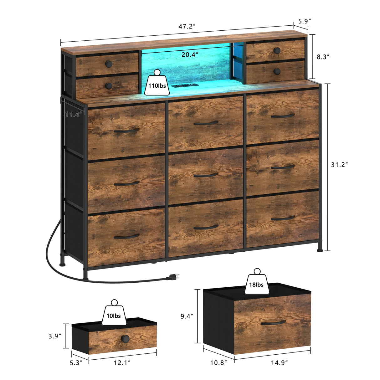 Welfuturer Rustic Dresser with Charging Station and LED Lights Large 13 Drawers Dresser Fabric Chest of Drawers for Bedroom Living Room Hallway Entryway Closets Sturdy Frame Wood Top Brown Welfuturer
