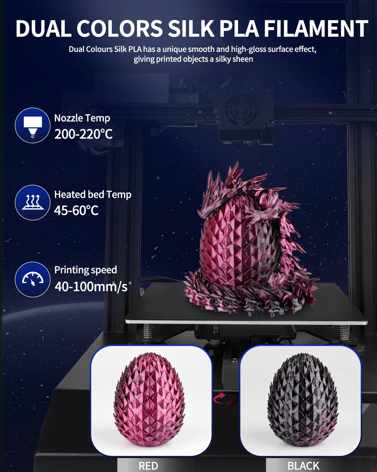 LANDU Silk Dual Color PLA Filament 1.75mm 1KG, 3D Printer Filament Dimensional Accuracy +/- 0.02mm, Coextrusion Filament PLA Shiny Filament Fits for Most FDM 3D Printers,1KG Spool (2.2lbs) Red Black LANDU