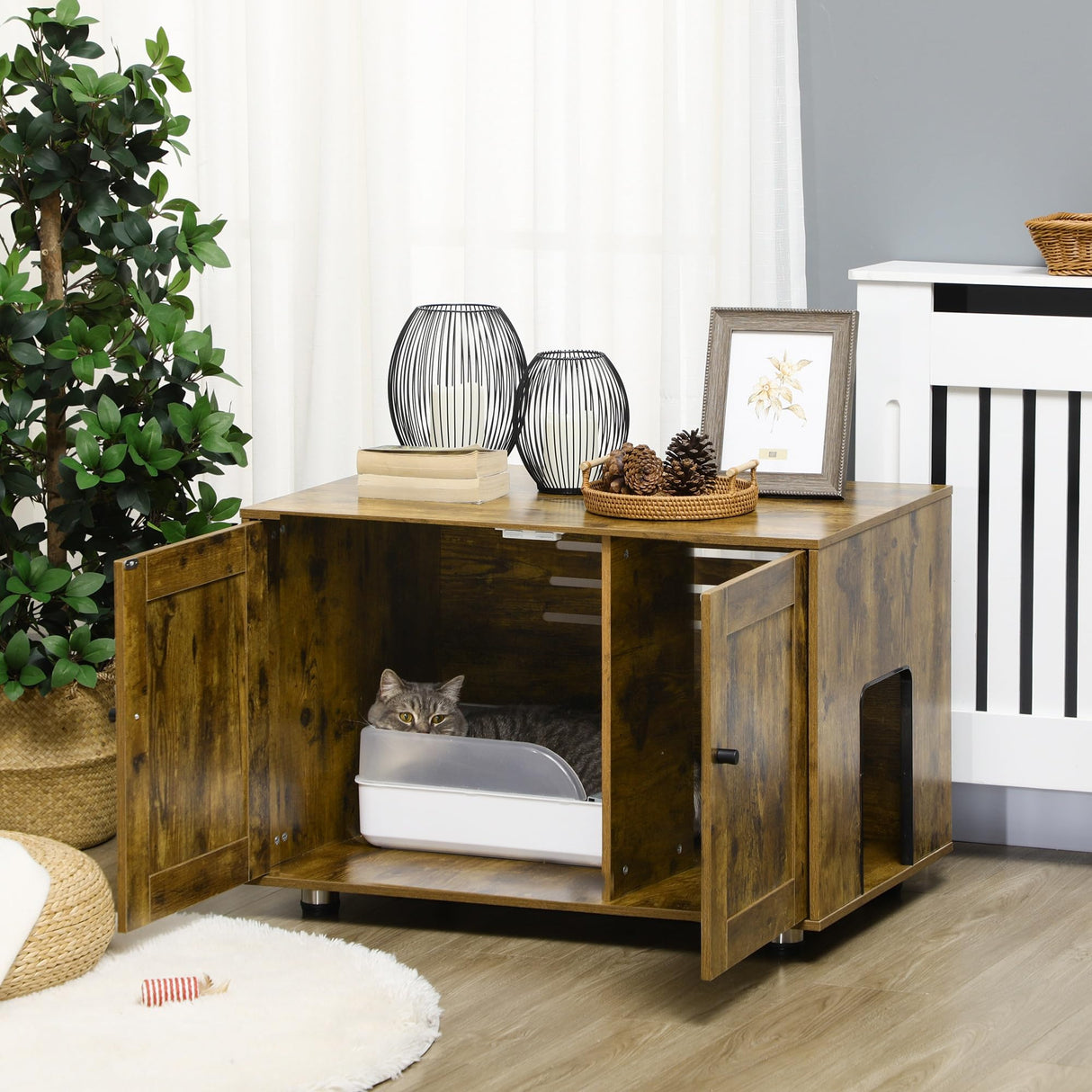 PawHut Hidden Cat Litter Box Enclosure, Cat Washroom Storage Bench Side End Table - Rustic Brown PawHut