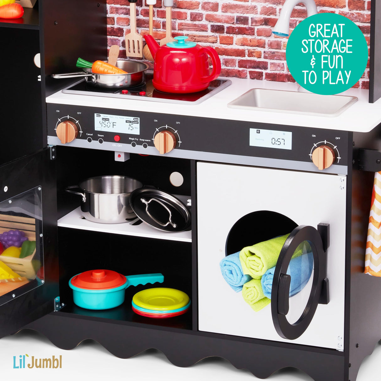 Lil' Jumbl Jumbl Kids Kitchen Set, Pretend Wooden Play Kitchen, Battery Operated Icemaker, Microwave, Range Hood, Stove Top, Oven, with Realistic Sound & Lights, Pots, Pan, & Utensils Included Lil' Jumbl