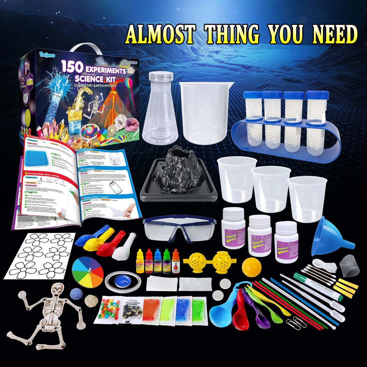 PATIFEED 150 Experiments Science Kit for Kids, Chemistry Set, Scientific Christmas Birthday Toys Gifts Ideas for Boys Girls, Break Geodes, Volcano,S.T.E.M Learning Projects PATIFEED