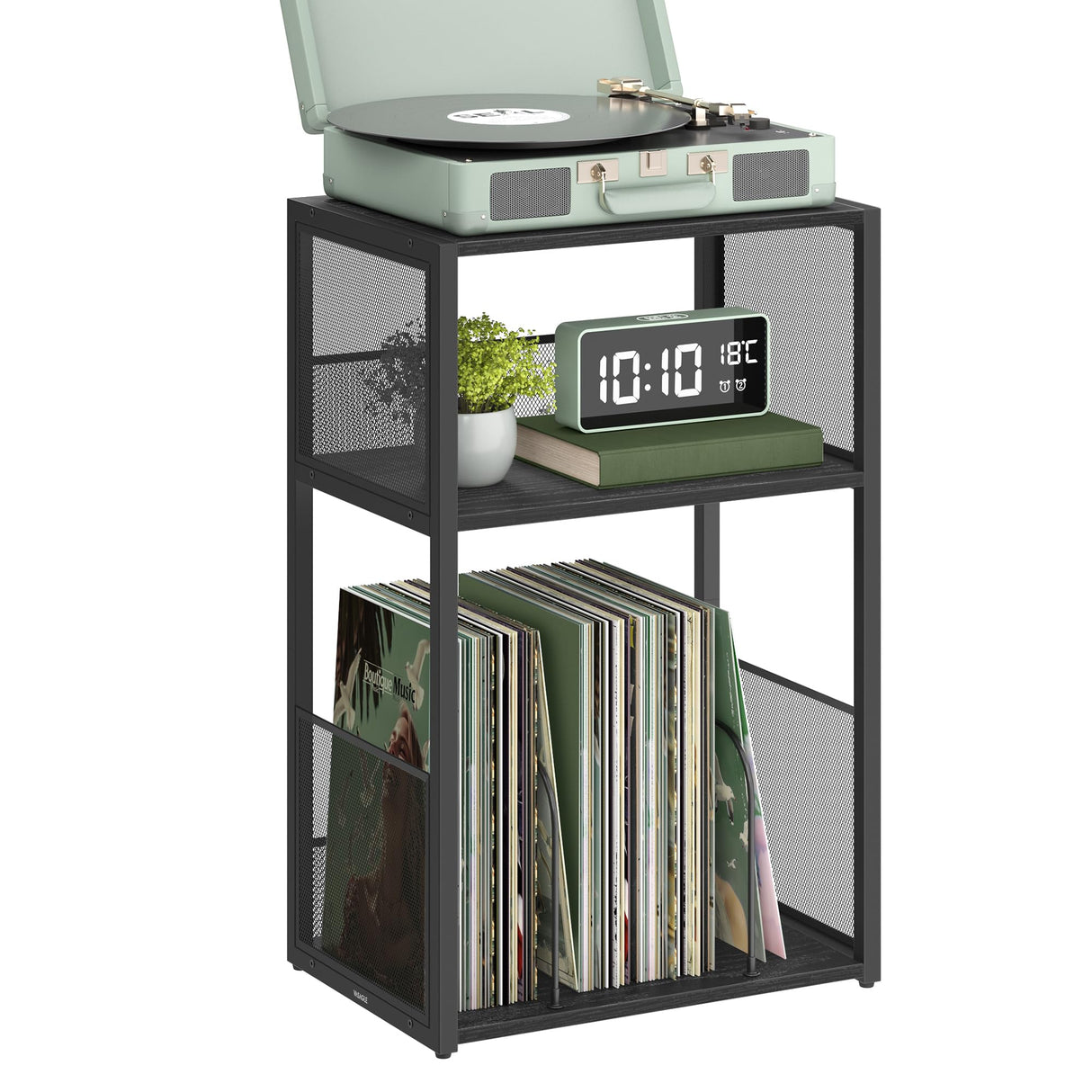 VASAGLE Record Player Stand, 3-Tier Side Table, Vinyl Record Storage up to 100 Albums, End Table for Living Room, Bedroom, Ebony Black ULET275B01 VASAGLE