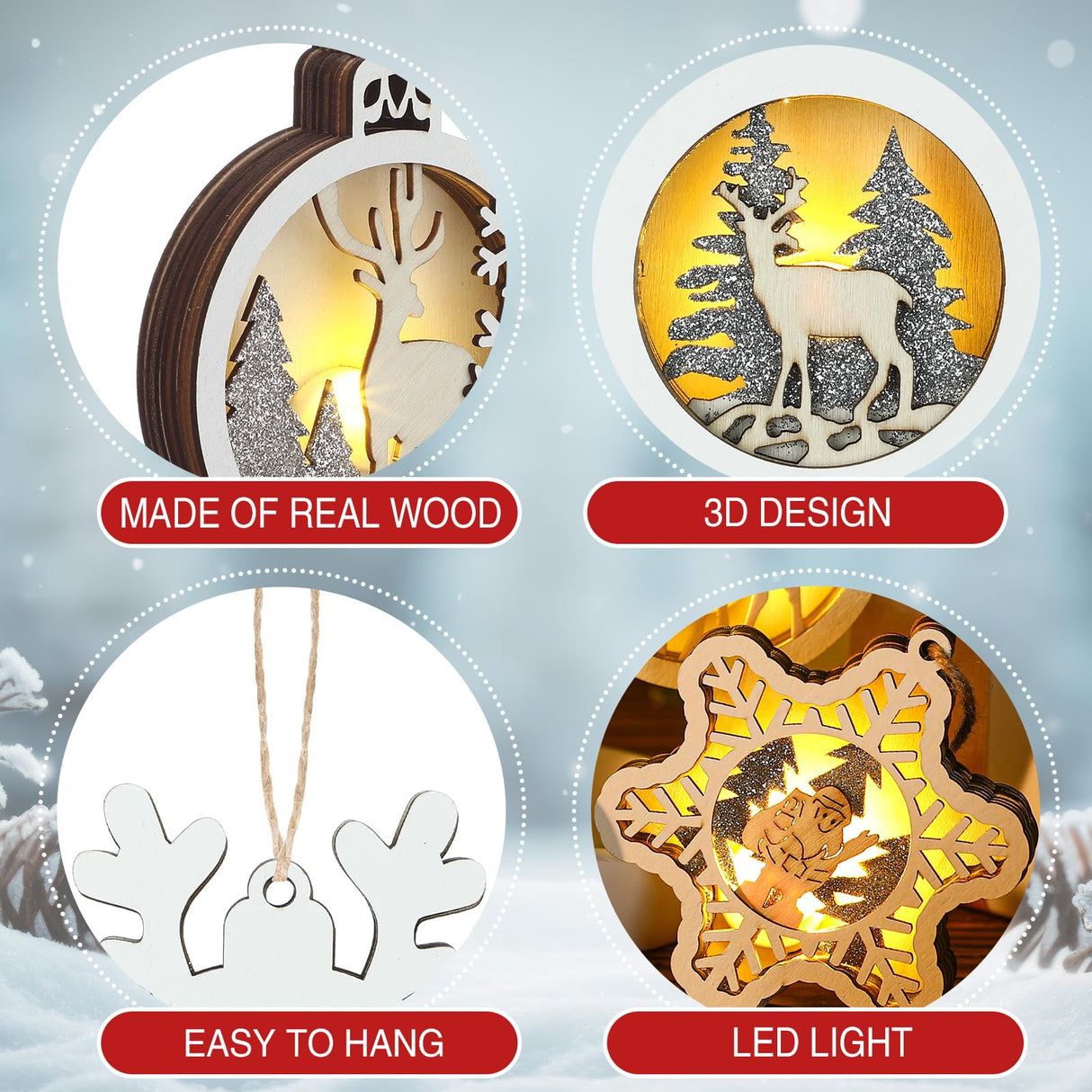 Anglechic 6 Pcs LED Christmas Tree Ornaments Rustic 3D Light up Wooden Christmas Hanging Ornaments Xmas Farmhouse Reindeer Santa Claus Snowflake Decor with Lights for Winter Wonderland Decorations Anglechic