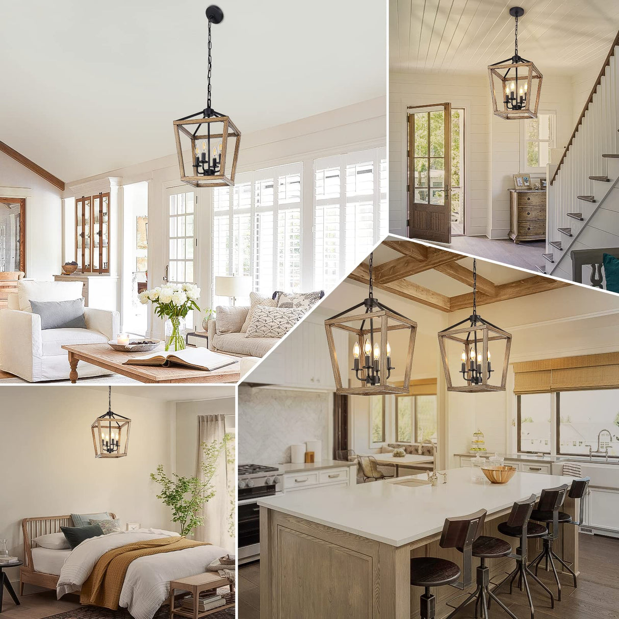 4 Light Farmhouse Chandelier, Rustic Ceiling Light Lantern Light Fixture with Wood Painted Metal Cage and Adjustable Chain, E12 Base Geometric Hanging Light Fixture for Entryway, Kitchen, Indoor Seaside village