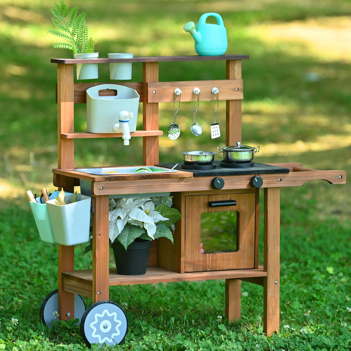 OLLIKIVI Mud Kitchen for Kids Outdoor,Wooden Play Kitchen with Removable Sink, Faucet,Storage Shelves, Backyard Garden Toddler Kitchen Playest, Kitchenware, Stove, Gift for Boys and Girls OLLIKIVI
