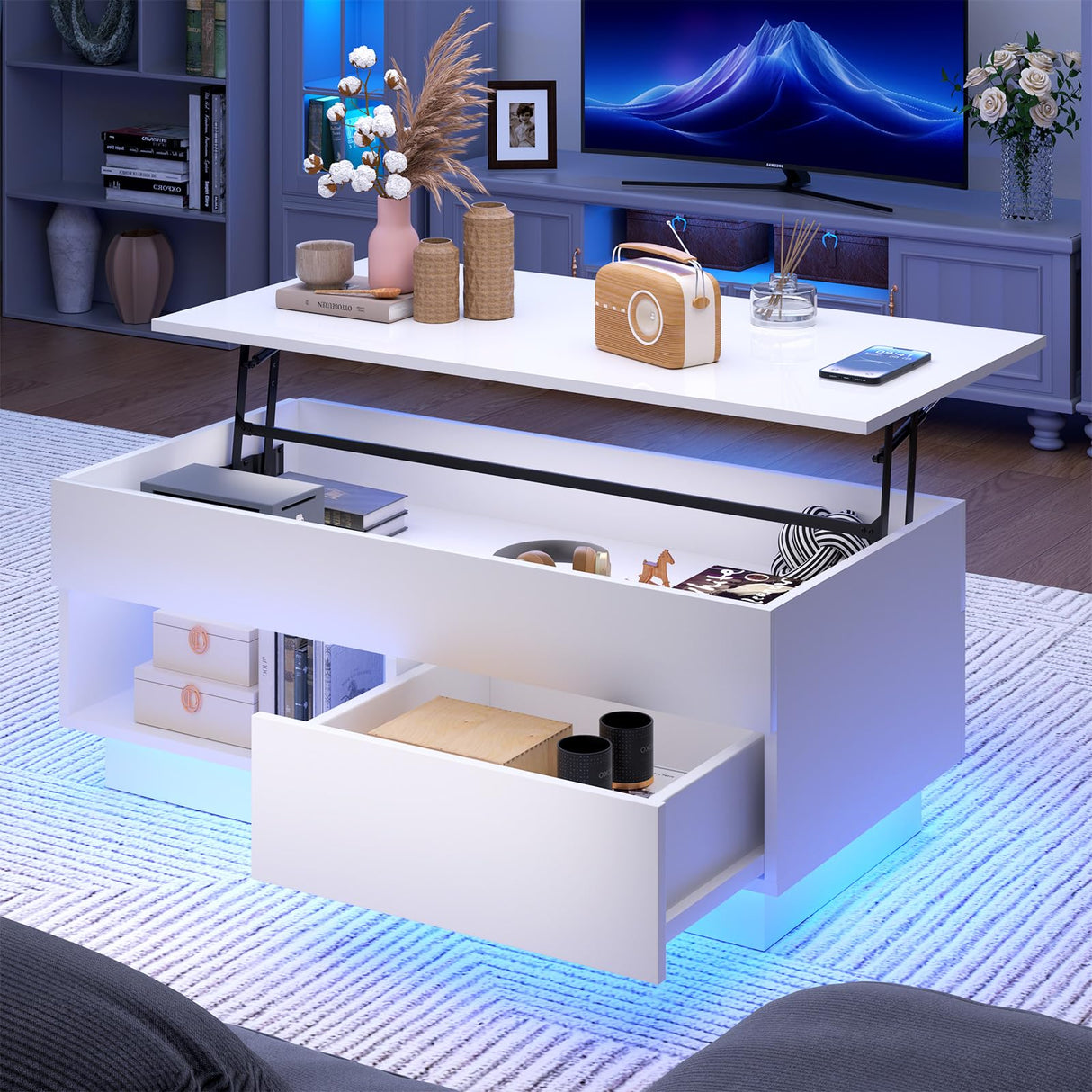 LED Coffee Table White Lift Top Coffee Table with Storage Modern Tea Table with Drawer Lift Up Dining Center Table with LED Light for Living Room Home Office HOMMPA