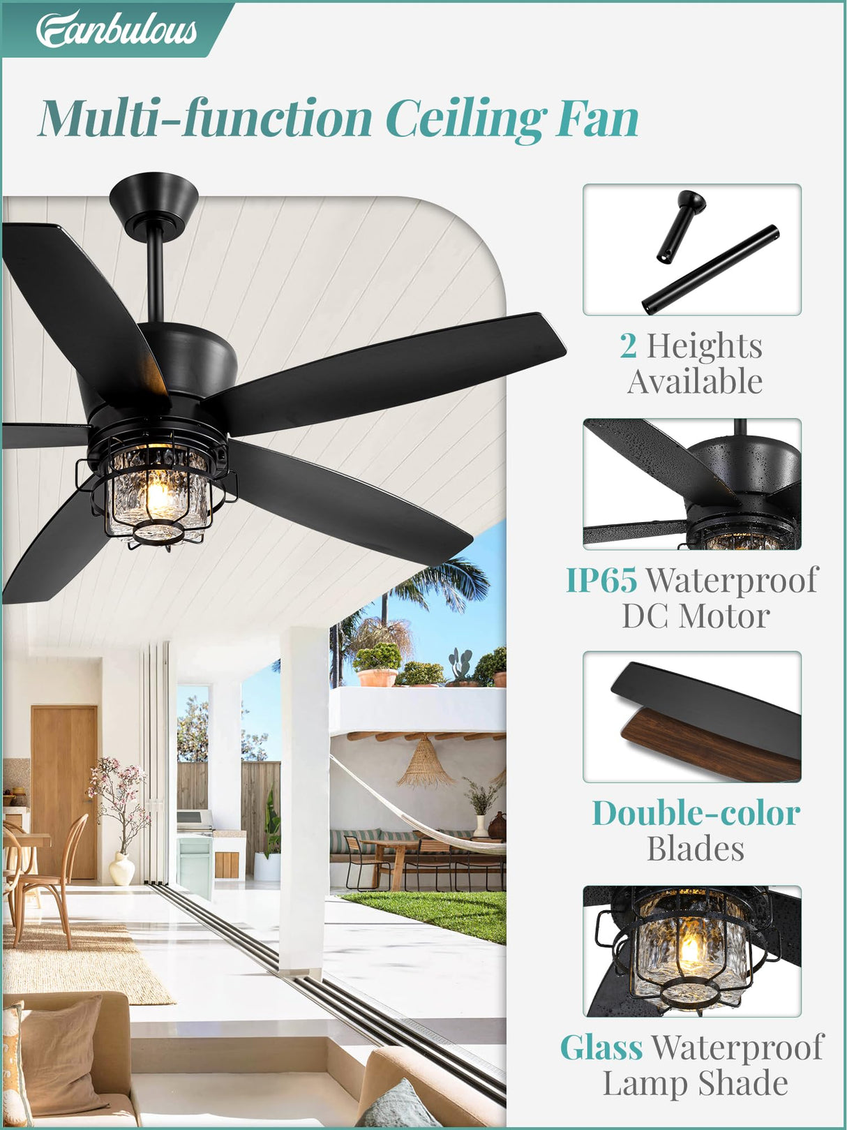Fanbulous 52" Outdoor Ceiling Fans with Lights and Remote Control,IP65 Wet Rated Waterproof Ceiling Fan with 6-Speed DC Motor, Farmhouse Gazebo Fan for Porch Patios Pavilion Fanbulous
