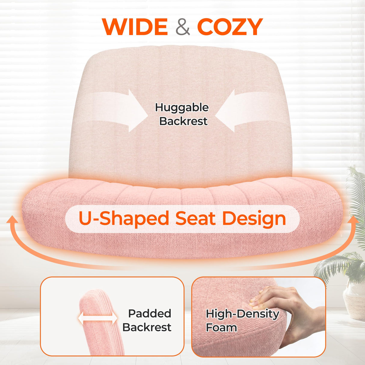 Orange Factory Criss Cross Chair with Wheels, Armless Cross Legged Office Desk Chair, Wide Comfy Vanity Rolling Swivel Modern Comfortable Fabric Computer Task Chairs for Home Office (Pink) Orange Factory