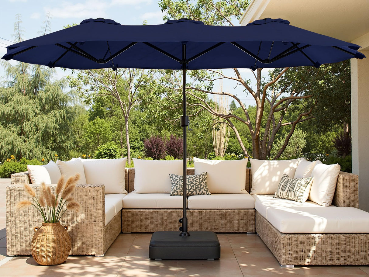 Shintenchi 15FT Large Patio Umbrella with Base, Outdoor Double-Sided Rectangular Umbrella, Market Umbrella with Crank Handle for Poolside Lawn Garden, Dark Blue Shintenchi
