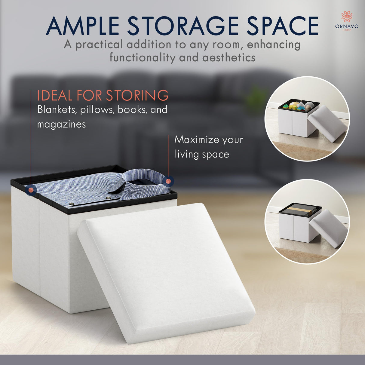 Ornavo Home Small Storage Ottoman Foldable Collapsible Cube Square Linen Ottoman Foot Rest Stool Seat, for Living Room, Bedroom, Home Office, Dorm - 12 x 12 x 12, White Ornavo Home