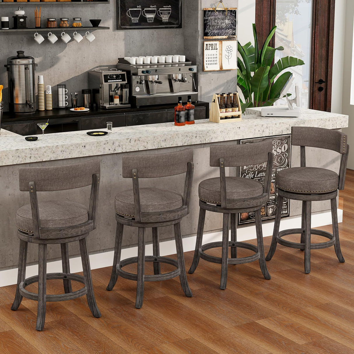 COSTWAY Bar Stools Set of 4, Upholstered Farmhouse Bar stools with Cushioned Seat & Backrest, Solid Wood Legs, Footrest, 26” Counter Height Swivel Stools for Kitchen Island, Pub (4, 26'' Seat Height) COSTWAY
