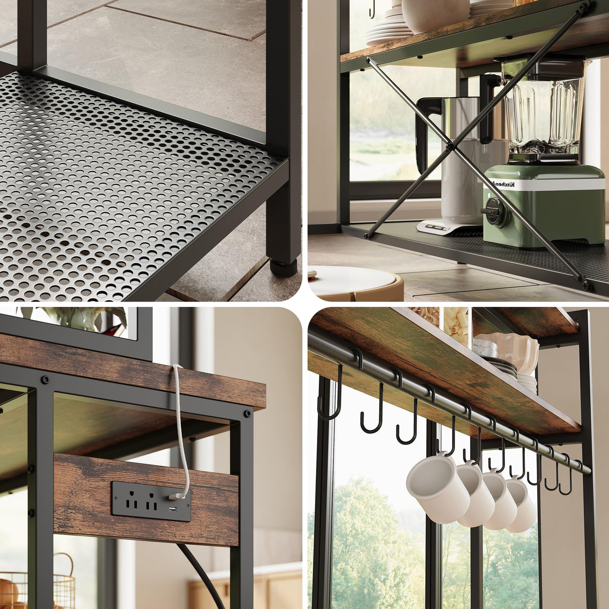 IRONCK Kitchen Island with Stools, Dining Table Set with Storage and Power Outlet, Industrial Coffee Bar Table for Kitchen Dining Living Room, 10 Hooks (Vintage Brown) IRONCK