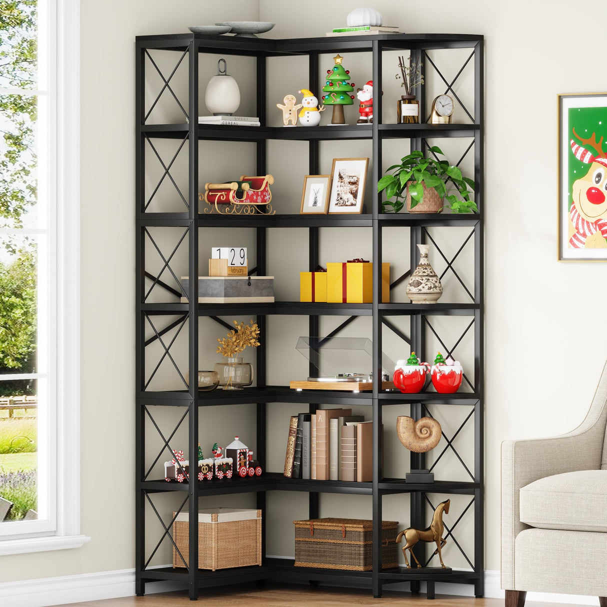 Condemo 7-Shelf Reversible Corner Bookshelf, Modern Industrial Tall Bookcase, 7-Tier Large L-Shaped Storage Shelf Display Rack with Metal Frame for Living Room, Home Office, Bedroom, Black Condemo