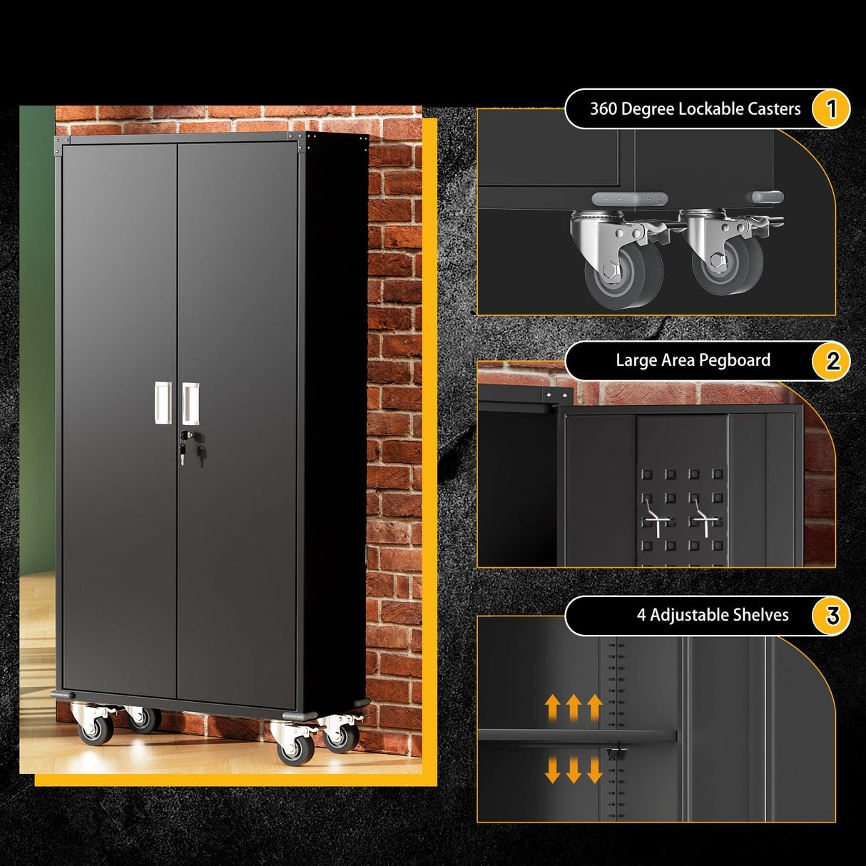 Greenvelly 72" Metal Storage Cabinet with Wheel and Pegboard, Lockable Black Metal Garage Cabinets with 2 Doors and 4 Adjustable Shelves, Rolling Steel Tool Cabinet for Garage, Home Office, School Greenvelly