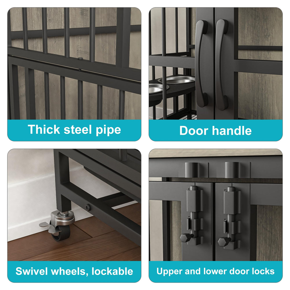 Dog Crate Furniture, Modern Dog Crate Table for Medium Large Dogs, Wooden Dog Kennel Indoor End Table with Removable Tray, Double-Door Dog House with Wheels, Heavy Duty Dog Cage with Flip-Top (Grey) VERYKE