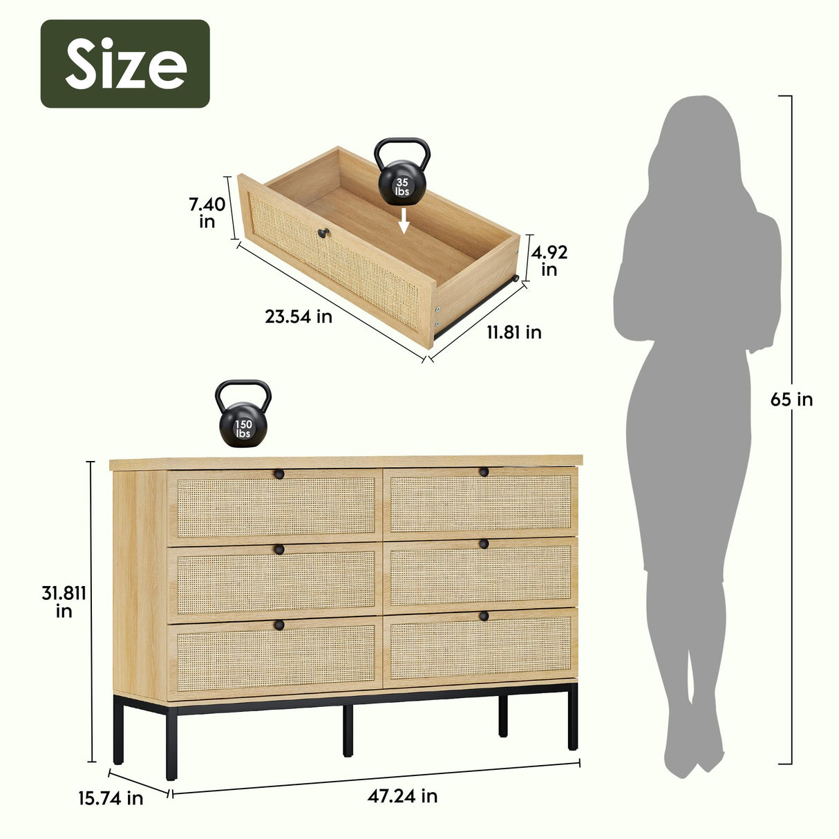 Modern 6 Drawer Dresser with Natural Rattan Drawers, Industrial Wood Double Dresser for Bedroom with Sturdy Steel Legs, Closet Storage Dressers Organizer TV Stand Dresser for Living Room Hallway Yechen