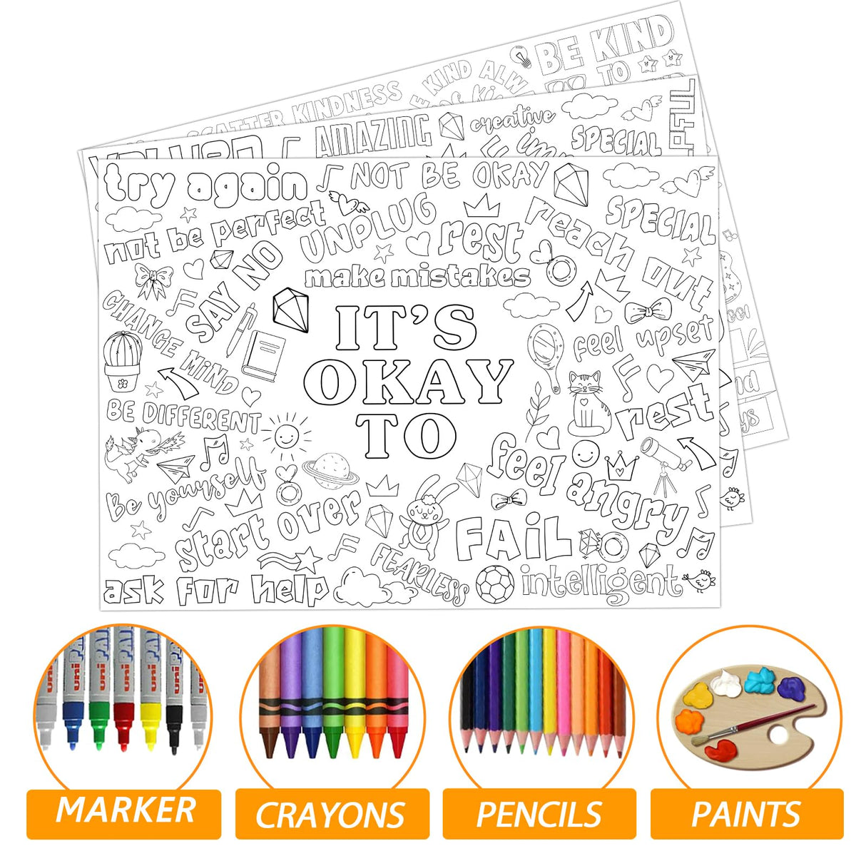 Set of 3 Jumbo Giant Coloring Poster Large Positive Coloring Tablecloths with I AM IT’S OK TO BE KIND Theme Inspirational Fun Coloring Banner for Classroom Home Activity Birthday Party Supplies Naozinebi