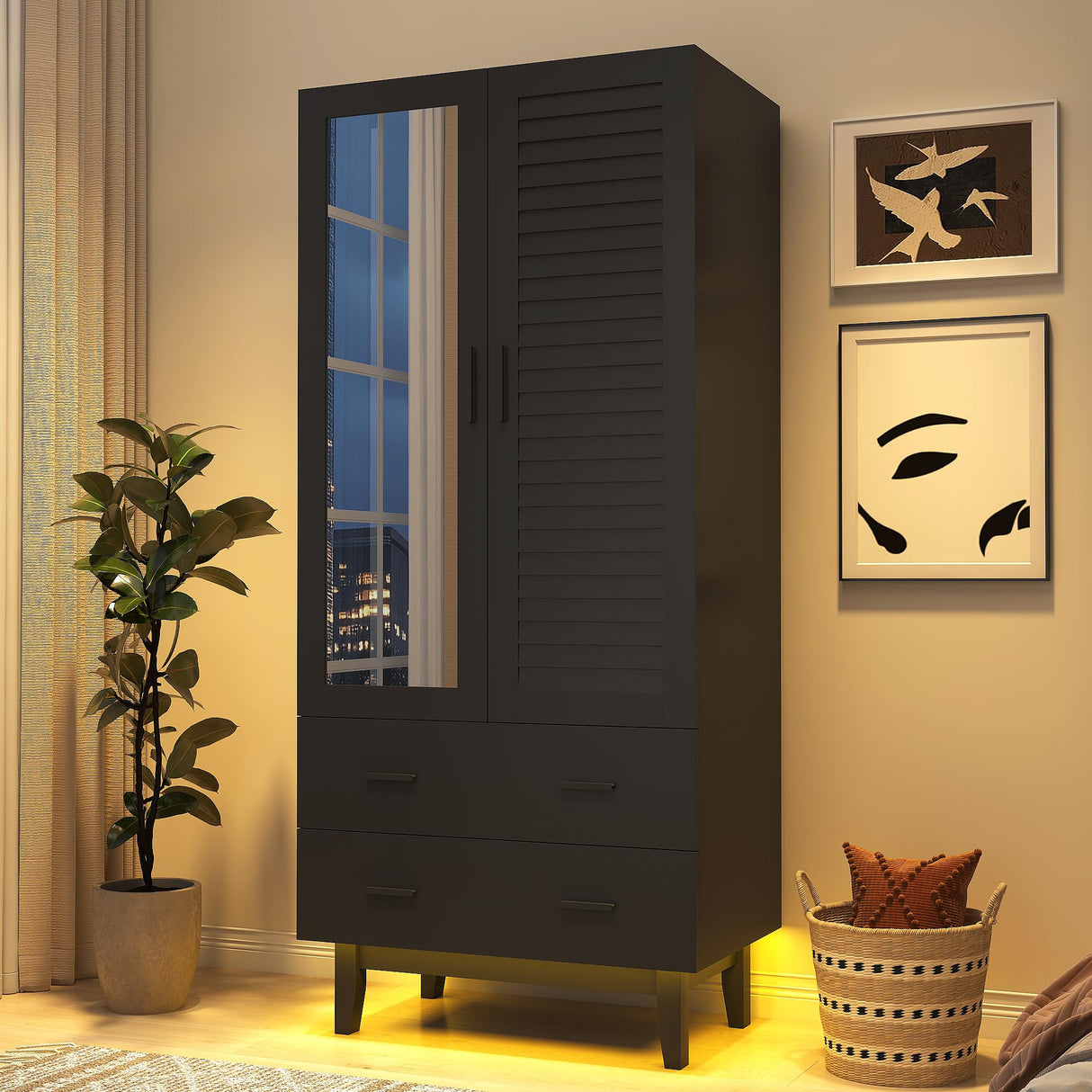 jiteentarou 2 Door Armoire Wardrobe Closet Cabinet with Drawers and LED Lights, Multi-Tier Shelves, Hanging Rod & 2 Louver Doors, Large Capacity Storage Wardrobe Armoire for Bedroom(2 Doors Black) jiteentarou