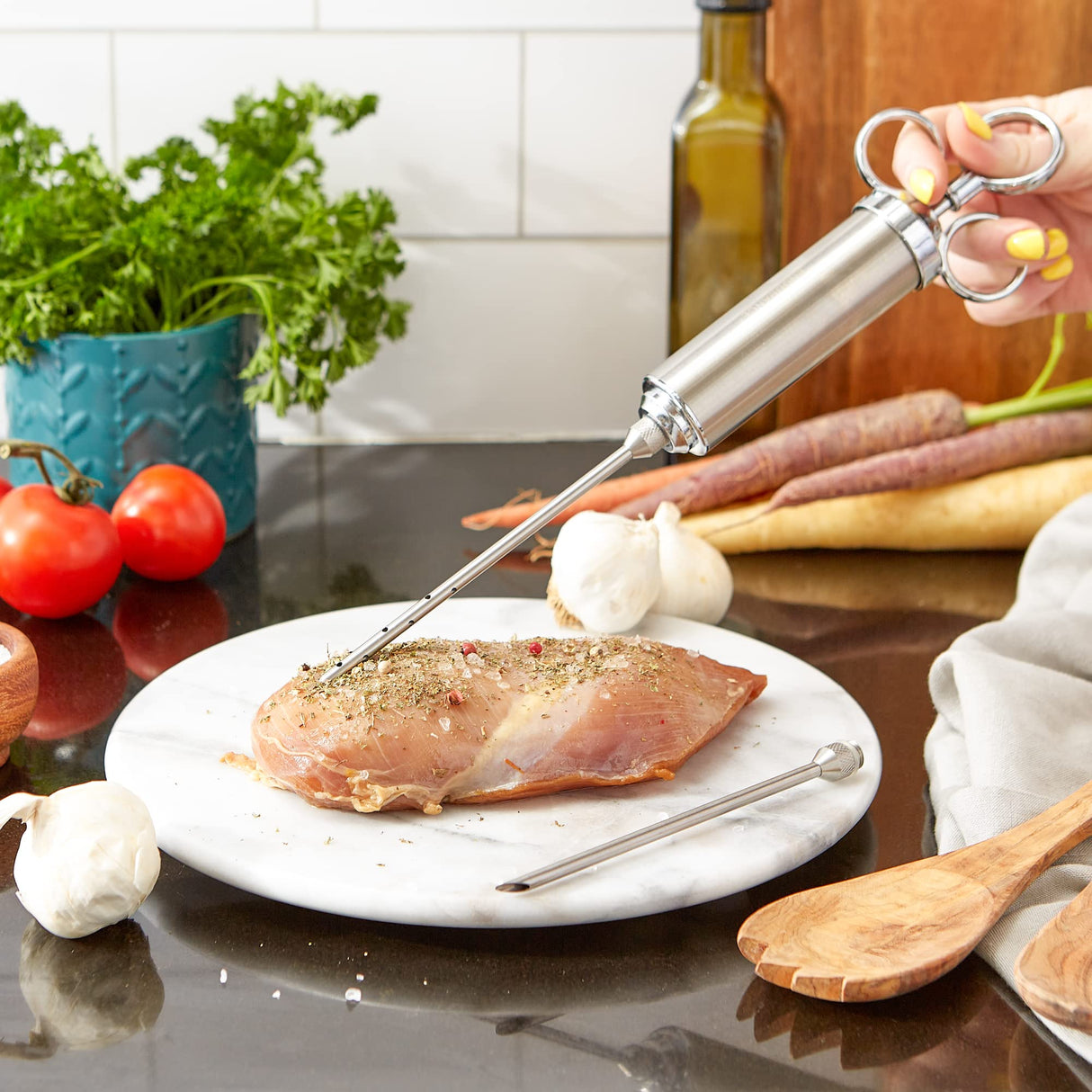 RSVP International Endurance Kitchen Tool Collection Marinade Injector with Interchangeable Needle Tips, 7x3, 2 oz Capacity, Stainless Steel RSVP