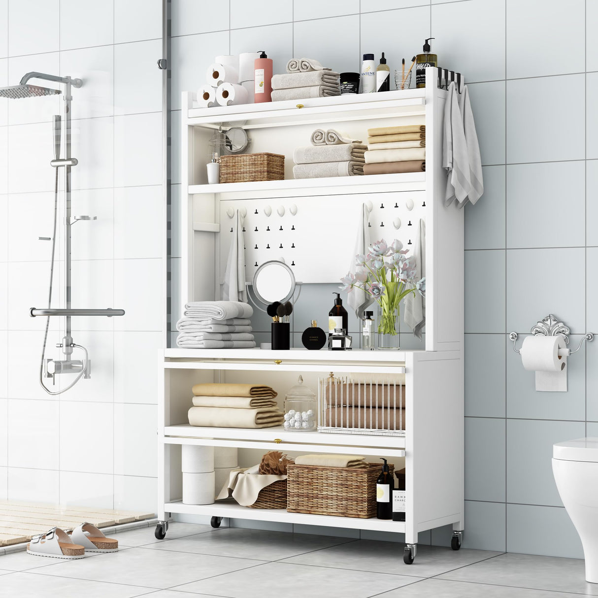 65'' Tall Kitchen Bakers Rack with Flip Door Cabinet, 5 Tier Multifunctional Microwave Stand Buffet, Coffee Bar, Kitchen Pantry Storage Cabinet Shelf, Quick Assembly, White Legendstone