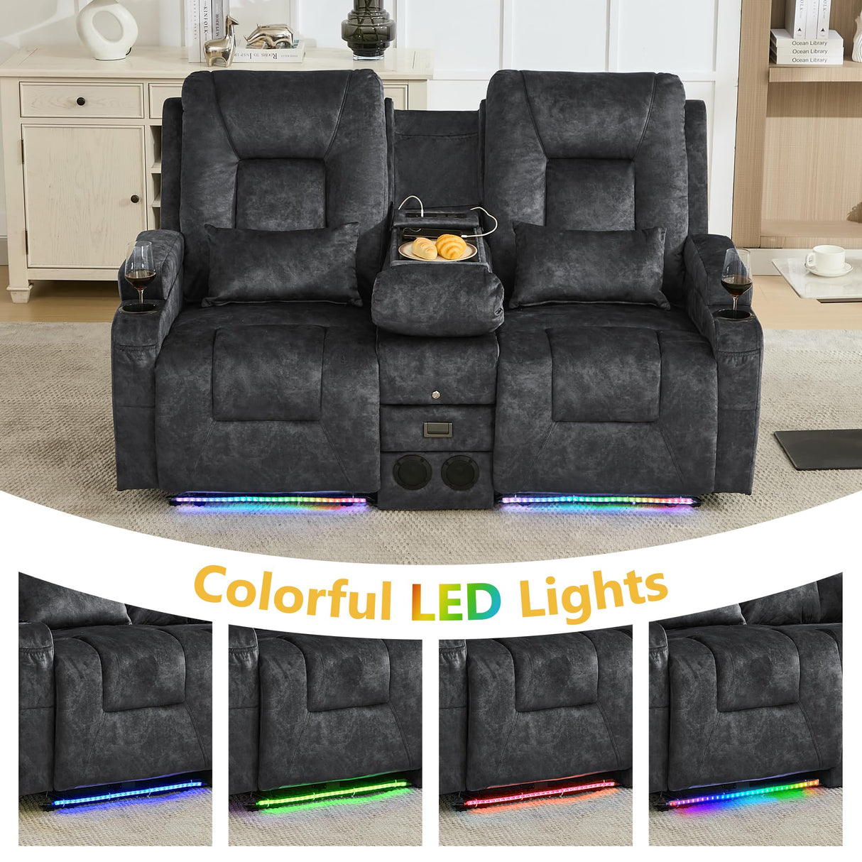 URRED Power Loveseat Recliner Sofa with Flipped Backrest Console, Wall Hugger RV Reclining Loveseat Sofa Couch with LED Light/Bluetooth Speakers/USB/Outlets/Cup Holders/Pillow/Side Pocket, Grey URRED