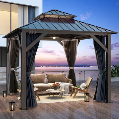 GARTOO 8.5x8.5FT Outdoor Hardtop Gazebo - Aluminum Heavy-Duty Galvanized Steel Top Gazebo with Breathable Netting & Privacy Curtain, Double Roof Gazebos for Patio, Porch, Garden, Lawn, Deck, Backyard
