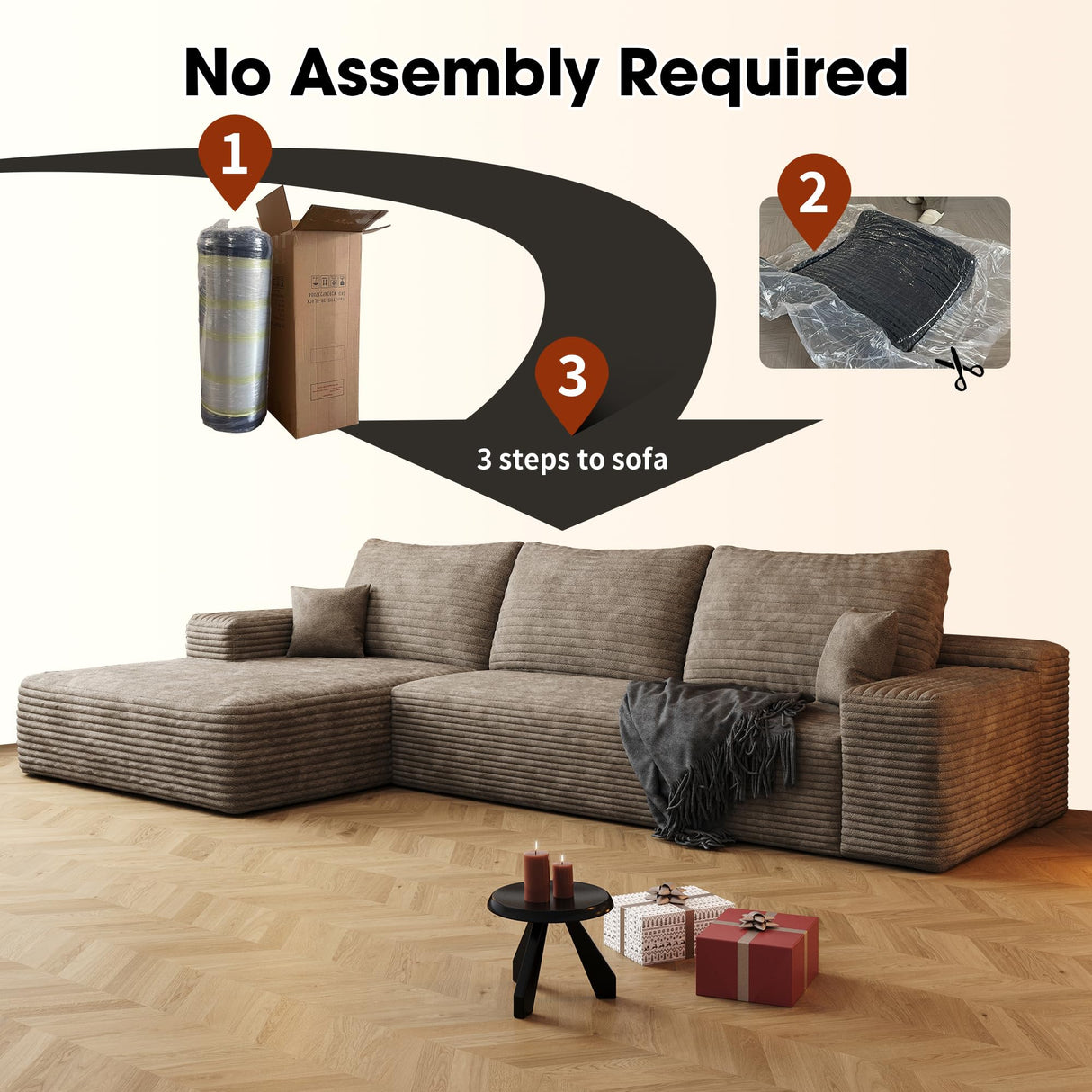 AUGOP 108" Sectional Couches for Living Room Modern Modular Sofa with L-Shape Couchs Upholstered Boneless Couch Deep Seat Sectional Couch with Chaise (Camel, Left Facing Chaise+2Seaters) AUGOP